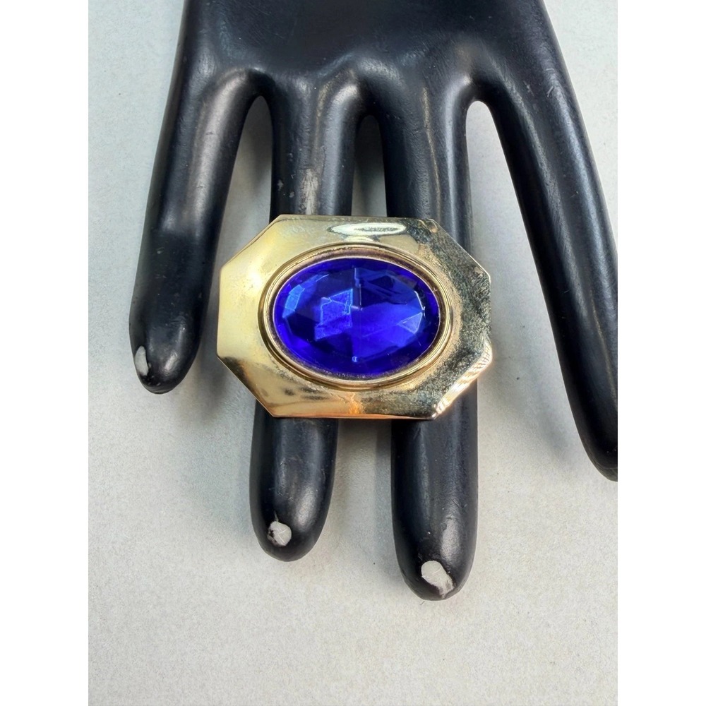 Vintage Art Deco Gold Tone Brooch Large Faceted Cobalt Blue Glass Statement Pin